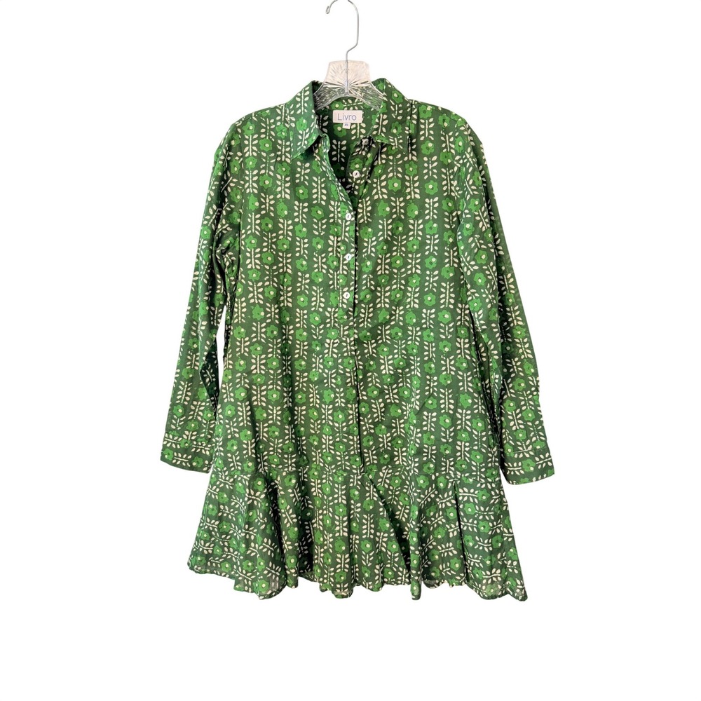 LIVRO Green Floral Folksy Block Print Cottagecore Boho Mini Shirt Party Dress XS